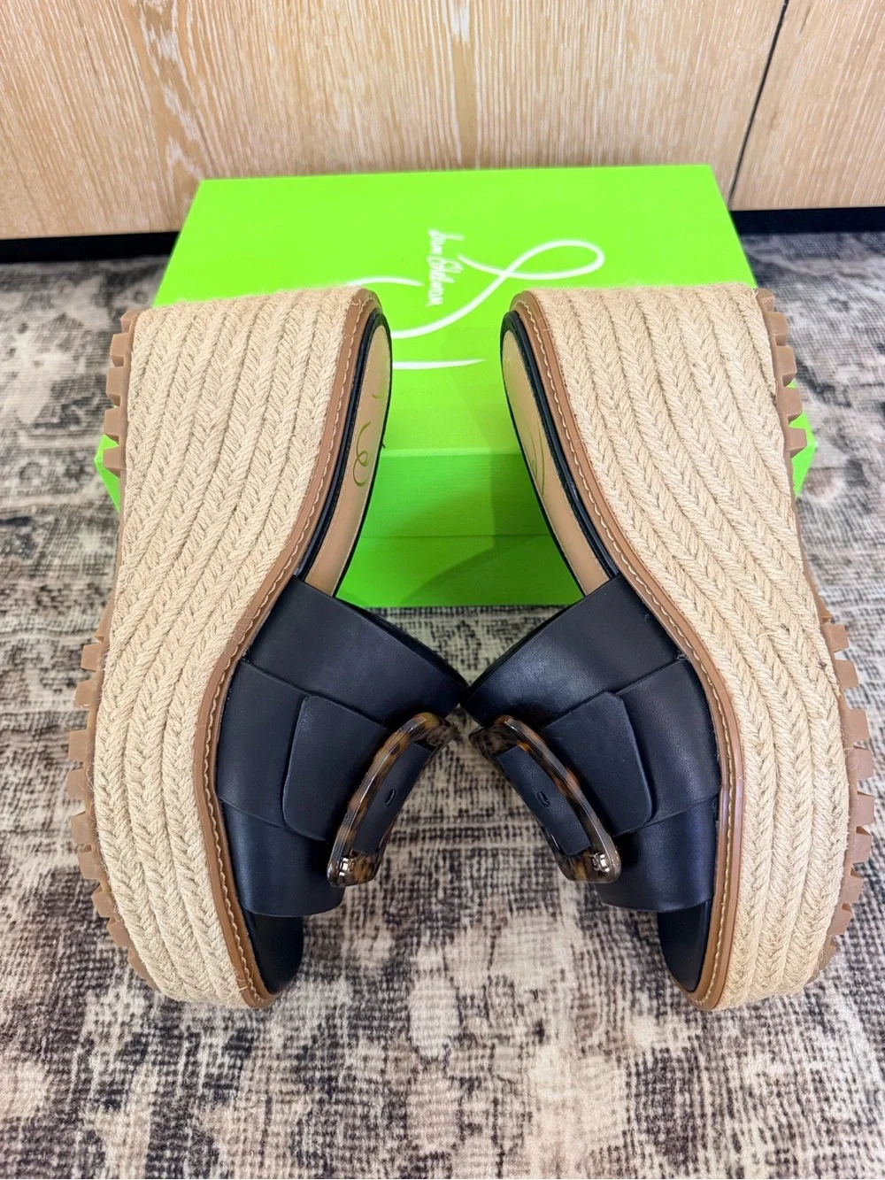 Sam Edelman, Livi Black Leather platform slides with large tortoise shell buckle